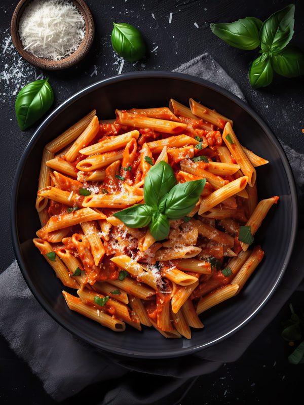 Classic italian pasta penne alla arrabiata with basil and freshl Classic italian pasta penne alla arrabiata with basil and freshly parmesan cheese on dark table. Penne pasta with sauce. Top view. Generative AI.